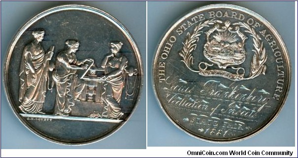 1881 USA Ohio State Board Agriculture Medal by C.H. Lovett. Silver 52MM./47.5 gms.
Obv: Three female figures with tools.  Rev: A shield with rising sun, sheaf of wheat and cluster of arrows reminiscent of those that appear on the Great Seal of the State of Ohio, surrounded by a border of corn,  inscription: Louis Frankenbery Collection of Inserts State Fair 1881.
