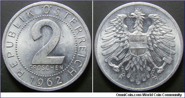 Austria 1962 2 groschen. Weight: 0.90g. 