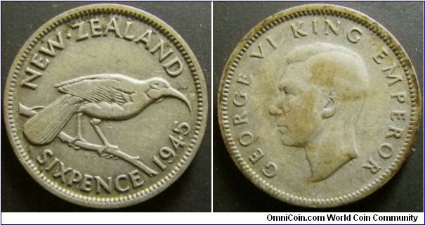 New Zealand 1945 six pence. Weight: 2.76g. 