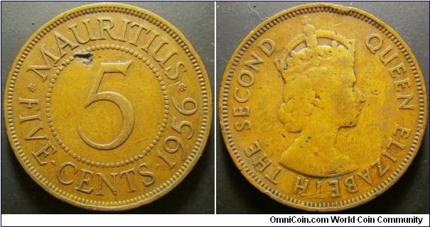 Mauritius 1956 5 cents. Weight: 9.52g. 