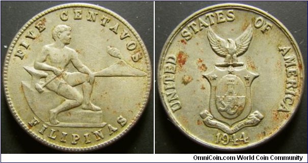 Philippines 1944 5 centavos. Nice condition but some stains on it. Weight: 4.72g