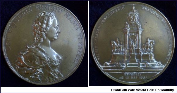 1888 Austria Maria Theresia & The Shrine of Franz Joseph I Medal by A. Scharff. Bronze: 63.5MM
Obv: Bust of Maria Theresia to right. Legend DER KAJSERIN KONIGIN MARIA THERESIA. Rev: The Monument of Franz Joseph I with horses below, legend  SEINER GROSSEN VORGANGERIN ERRIGHTET VON FRANZ JOSEPH I. Exergue ENTHULLT AM 13 MAI 1888. (Unveiled on May 13, 1888)
