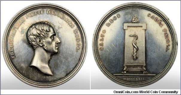 1822 Denmark Frederick VI 1808-1839 Medal by Conradsen. Silver: 47MM./58.6 gms.
Obv: Bust of Frederik VI to right. Legend FREDERIK DEN SIETTE DANMARKS KONGE.  Signed CONRADSEN. Rev:  Stands with snake & stick, moto in center & flame on top. Legend SLAVO REGE SLAVA PATRIA. MDCCCXXII
