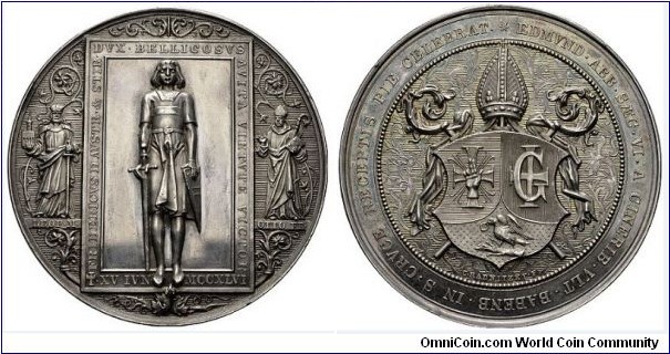 1846 Austria Habsburg Ferdinand I (1835-1848) In the 600-year anniversary of the burial of the Babenberg Frederick II (1230-1242) in the Cistercian Abbey HOLY CROSS Medal by C. Radnitzky.Silver: 53MM./52.49 gms.
Obv: Grave plate with the statue of Archduke Leopold d between scared and the bishop of Freising. Rev: Coats of Arm (Edmund Komaromy 1841-1877)
