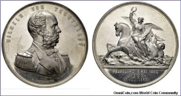 1877 o j Austria TEGETTHOFF Wilhelm, Frh von 1827-1871 at the unveiling of the Tegetthoff - mounment in POLA Medal by J. Tautenhayn. Silver: 63MM./87.64 gms. 
Obv: Bust of Admiral Wilhelm von Tegetthoff. Legend WILHELM VON TEGETTHOFF.Signed TAUTENHAYN.Rev: Viktoria on a seahorse  Exergue HELGOLAND 9. MEI 1864 LISSA 20. JULI 1866
