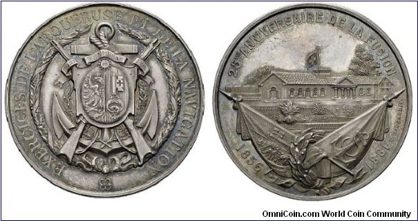 1881 Swiss Geneva The 25th Anniversary of the Union of the Shooters with the Navy. Silver 43MM./37.93 gms. Mintage: 200
