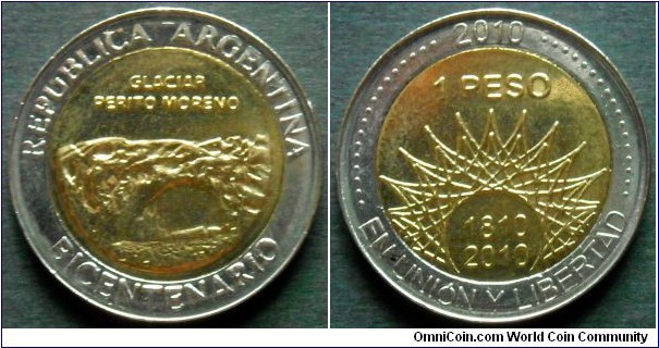 Argentina 1 peso.
2010, 200th Anniversary of Argentina - Glaciar Perito Moreno.
Bimetal.
