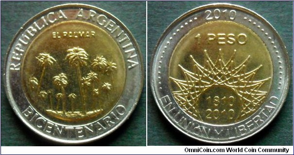 Argentina 1 peso.
2010, 200th Anniversary of Argentina - El Palmar.
Bimetal.