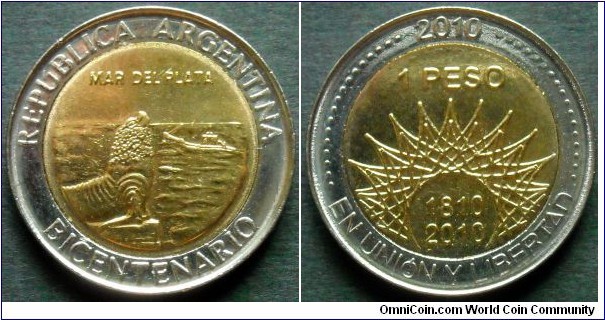 Argentina 1 peso.
2010, 200th Anniversary of Argentina - Mar del Plata. Bimetal.