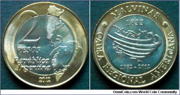 Argentina 2 pesos.
2012, 30th Anniversary of the landing of Argentine troops in the Malvinas Islands.