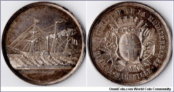 jeton issued for `La Mediterranee' a french maritime assurer. the dates for this company's existence are uncertain. this piece was struck some time between 1845 and 1860 and is very scarce.