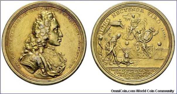 1722 Germany Bayern Karl Albert 1726-1745 To his engagement with Amalie of Austria, daughter of Joseph I, (Chronogramm) by C.W.Vestner Medal.  Gilded Silver: 49MM./43.55 gms.
Obv: Bust of Karl Albert to right. Rev: DIGNO NESTENDA VIRO, an angel of the Crown Prince bring the portrait of the bride, background in Munich
