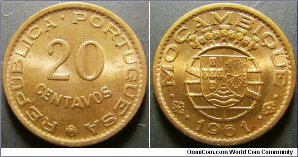 Mozambique 1961 20 centavos. Weight: 2.43g. 