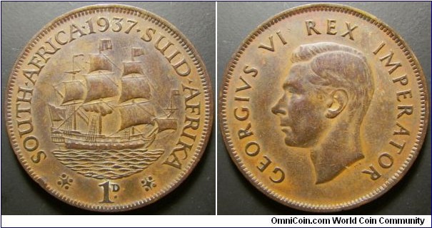 South Africa 1937 1 penny. Weight: 9.38g. 