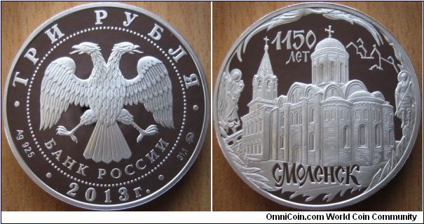 3 Rubles - 1150 years of Smolensk - 33.94 g Ag .925 Proof - mintage 5,000