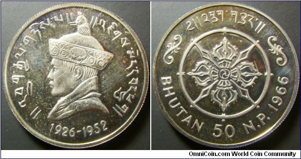 Bhutan 1966 50 naya paise. Couple of scratches. Proof condition. Weight: 5.83g. 