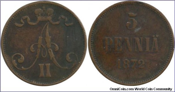 Finland-GrandDuchy 5 Penniä 1872