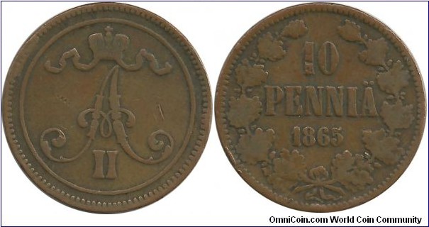 Finland-GrandDuchy 10 Penniä 1865