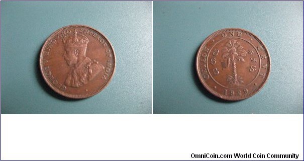 British Ceylon (SriLanka) 1 Cent bronz Circulated Genuine Coin.George V King and emperor of India Head. Rare 