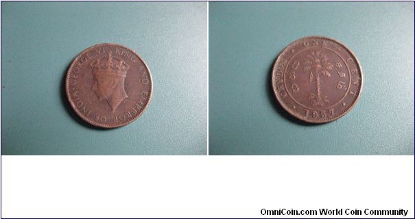 British Ceylon (SriLanka) 1 Cent bronz Circulated Genuine Coin.George VI King and emperor of India Head. Rare 