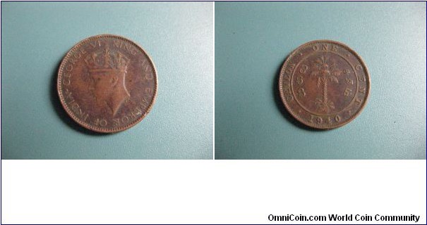 British Ceylon (SriLanka) 1 Cent bronz Circulated Genuine Coin.George VI King and emperor of India Head. Rare 