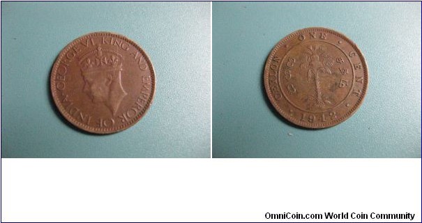 British Ceylon (SriLanka) 1 Cent bronz Circulated Genuine Coin.George VI King and emperor of India Head. Rare 