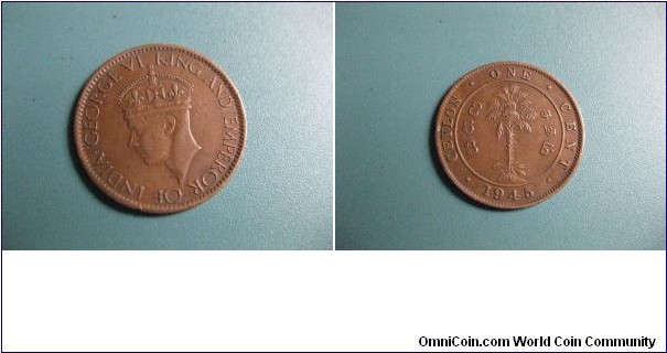 British Ceylon (SriLanka) 1 Cent bronz Circulated Genuine Coin.George VI King and emperor of India Head. Rare 