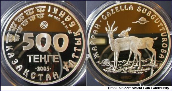 Kazakhstan 2005 500 tenge commemorating endangered gazelle. Mintage: 3000. Proof condition. 