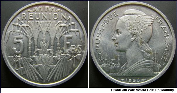 Reunion 1955 5 franc. Nice condition. Weight: 3.83g. 