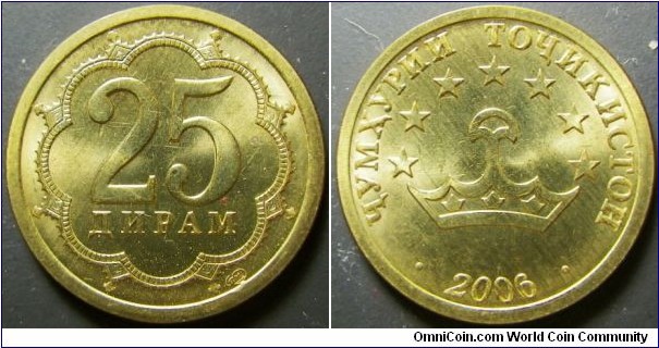 Tajikistan 2006 25 diram. Old type, non magnetic. Weight: 2.81g 