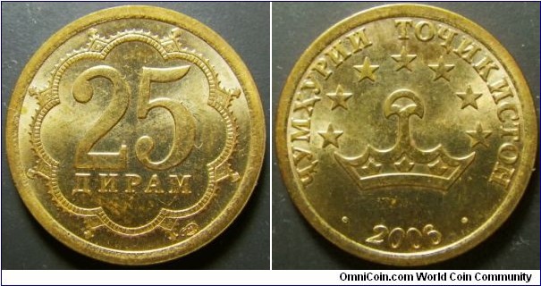 Tajikistan 2006 25 diram. New type, magnetic. Weight: 2.78g 