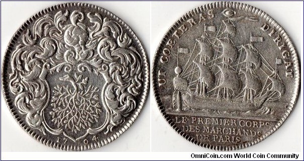 silver jeton dated 1704 struck for the Drapers Guild of Paris (Premier Corps des Marchands)