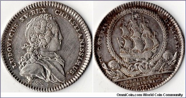 silver jeton dated 1723 struck for the Drapers Guild of Paris (Premier Corps des Marchands). 