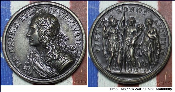 1800 o j  France Henri de La Tour of Auveragne, Prince Vicomte of Turenne (1611-1675) Renaissance Medal by Giovanni Hamerani. Bronze:  47MM.
Obv: Laureate bust to left, wearing sash over armour. Legend PR HENR A TVR ARV VIC TVREN. Rev: Standing figure s of Mars and Justice to either side of Peace, VIRTVS HONOS AEQVUTAS.
