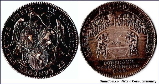 Scarce (R2) original silver jeton issued for Valenciennes Council in 1726. Dark toned high grade example.