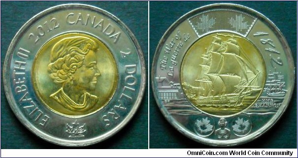 Canada 2 dollars.
2012, War of 1812.
HMS Shannon. Bimetal.