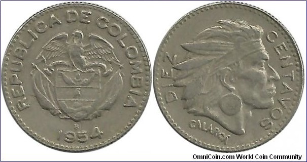 Colombia 10 Centavos 1954B