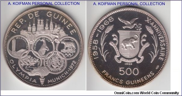 KM-15, 1969 Republic of Guinea 500 francs; proof silver, reeded edge; 1972 Munich Olympics from the 10'th anniversary of Independence series, some limited peripheral toning, in original wallet, mintage 7,200