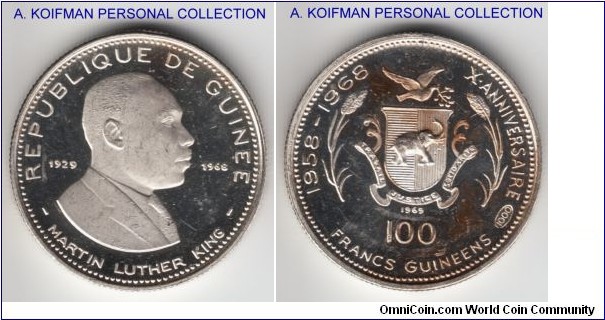 KM-9, 1969 Repubic of Guinea 100 francs; proof, silver, reeded edge; Martin Luther King  from the 10'th anniversary of Independence series, spotted toning, mintage 9,700