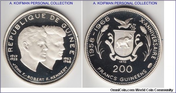 KM-10, 1970 Republic of Guinea 200 francs; proof, silver, reeded edge; commemorative John and Robert Kennedy, from the 10'th Anniversary of Independence series, mintage 10,000 including 1969