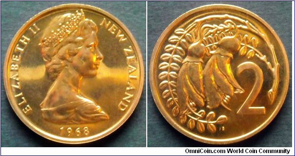 New Zealand 2 cents.
1968, Proof-like.
From mintset.
Mintage: 40.000 pieces.