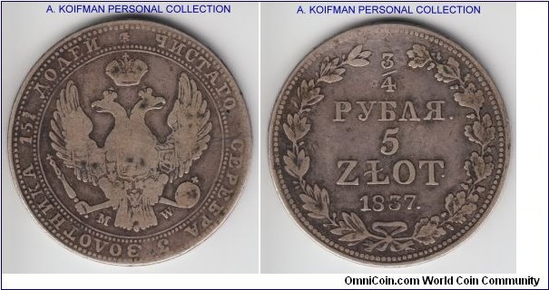 C#133, Poland 1837 5 Zlotych, 3/4 Ruble, Warsaw mint (MW mintmark); silver, lettered edge; Kingdon of Poland under Russia, fine plus