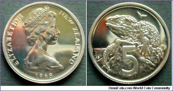 New Zealand 5 cents.
1968, Proof-like.
From mintset.
Mintage: 40.000 pieces.