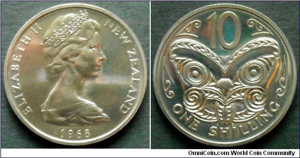 New Zealand 10 cents (1 shilling)
1968, Proof-like.
From mintset.
Mintage: 40.000 pieces.