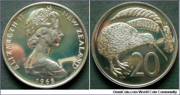 New Zealand 20 cents.
1968, Proof-like.
From mintset.
Mintage: 40.000 pieces.