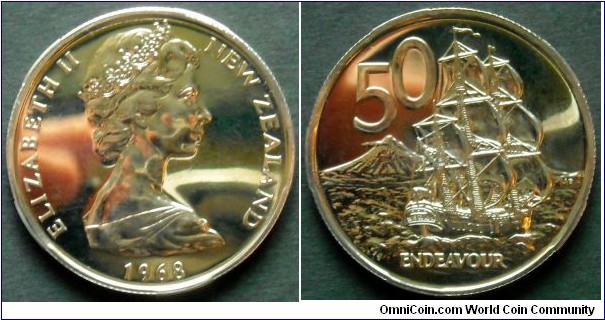 New Zealand 50 cents.
1968, Proof-like.
From mintset.
Mintage: 40.000 pieces.