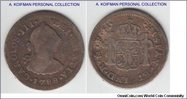 KM-69.2a, 1788 Mexico 1/2 real; silver; Mexico City (Mo mintmark), FM essayer; silver, corded edge; Charles IV, very good to borderline fine maybe.