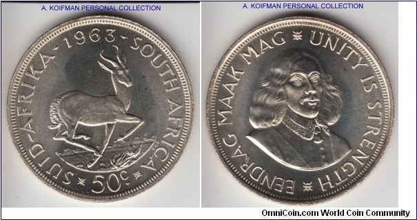 KM-62, 1963 South Africa (Republic) 50 cents; proof like, silver, reeded edge; bright and nice