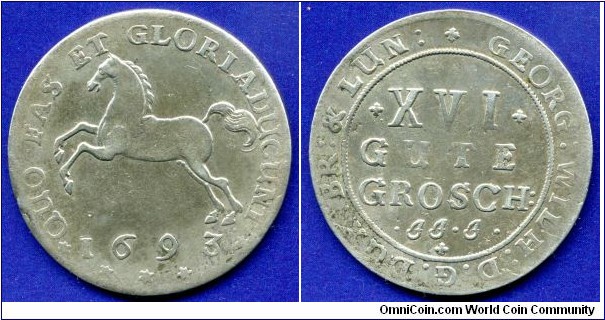 16 Gute Groschen (2/3 Thaler, Gulden).
Braunschweig-Lüneburg-Celle.
Georg Wilhelm (1665-1705).
*JJ J* - mintmaster Jobst Jacob Janisch in Celle (1687-1705).


Ag.