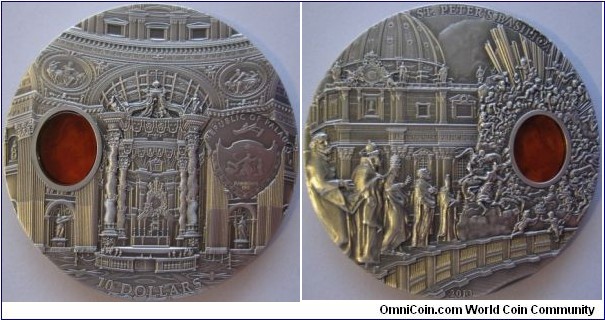 10 Dollars - Mineral Art - St Peter Basilica - 2 oz 0.999 silver antique finish (with amber) - mintage 999 pcs only !